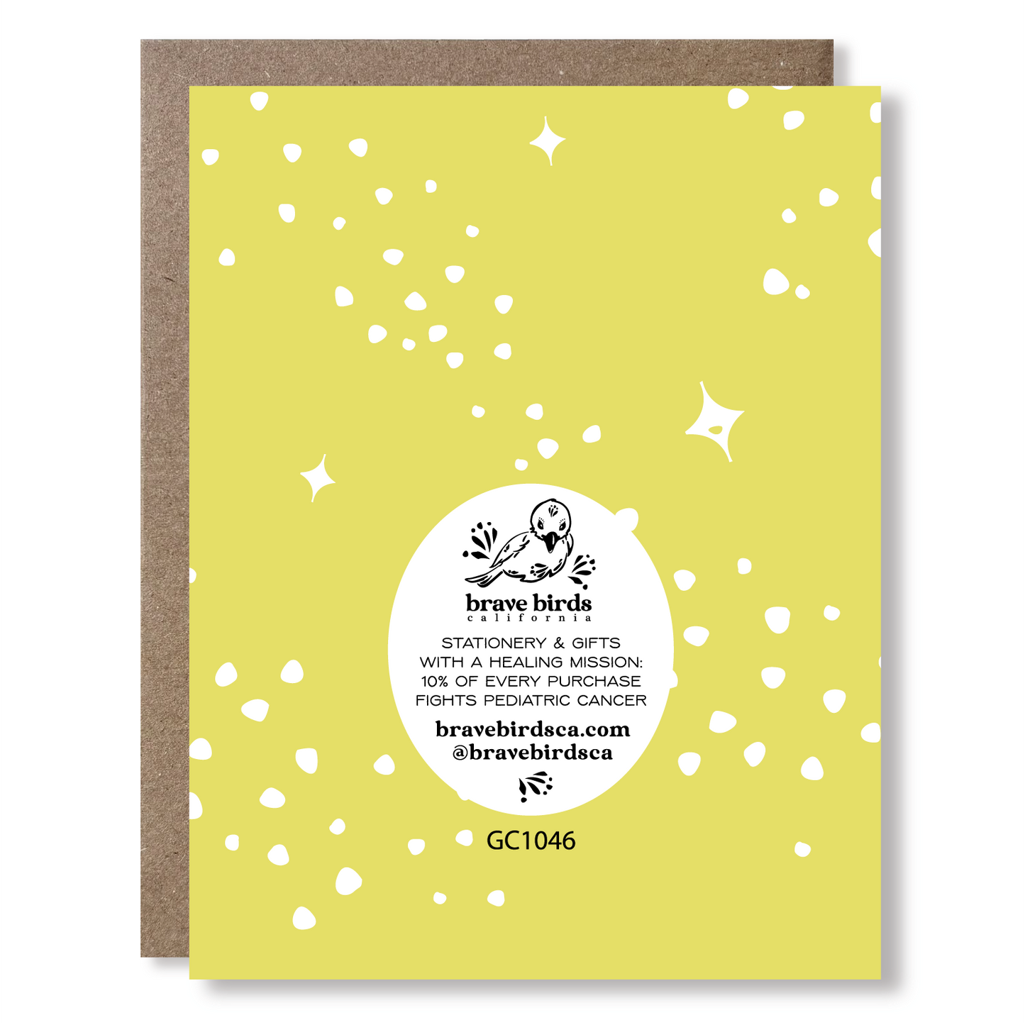 Back of greeting card with continued print and brand information