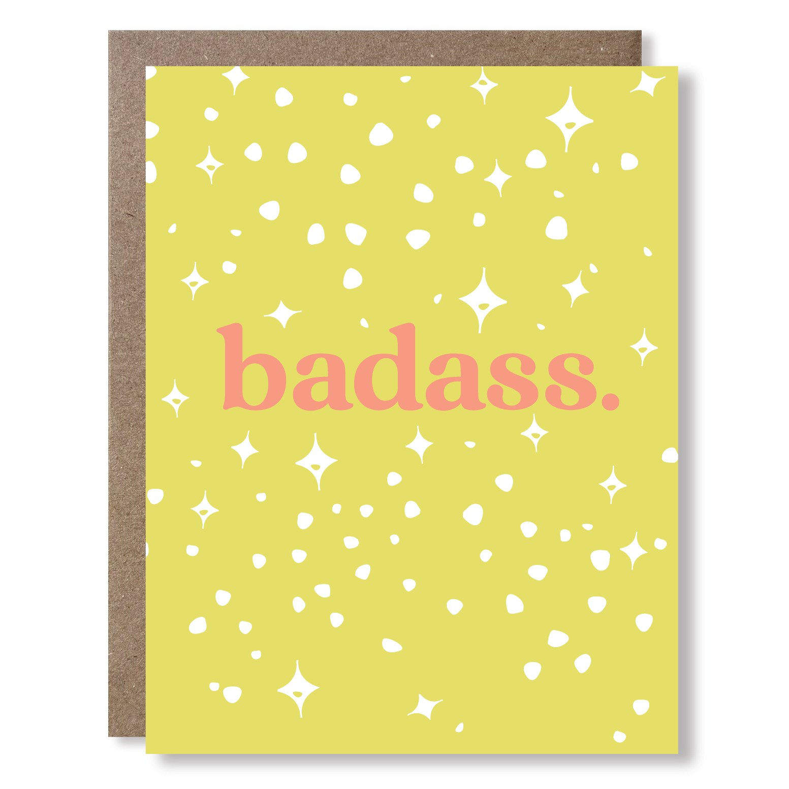 Card with 'badass' text on a yellow background with white stars