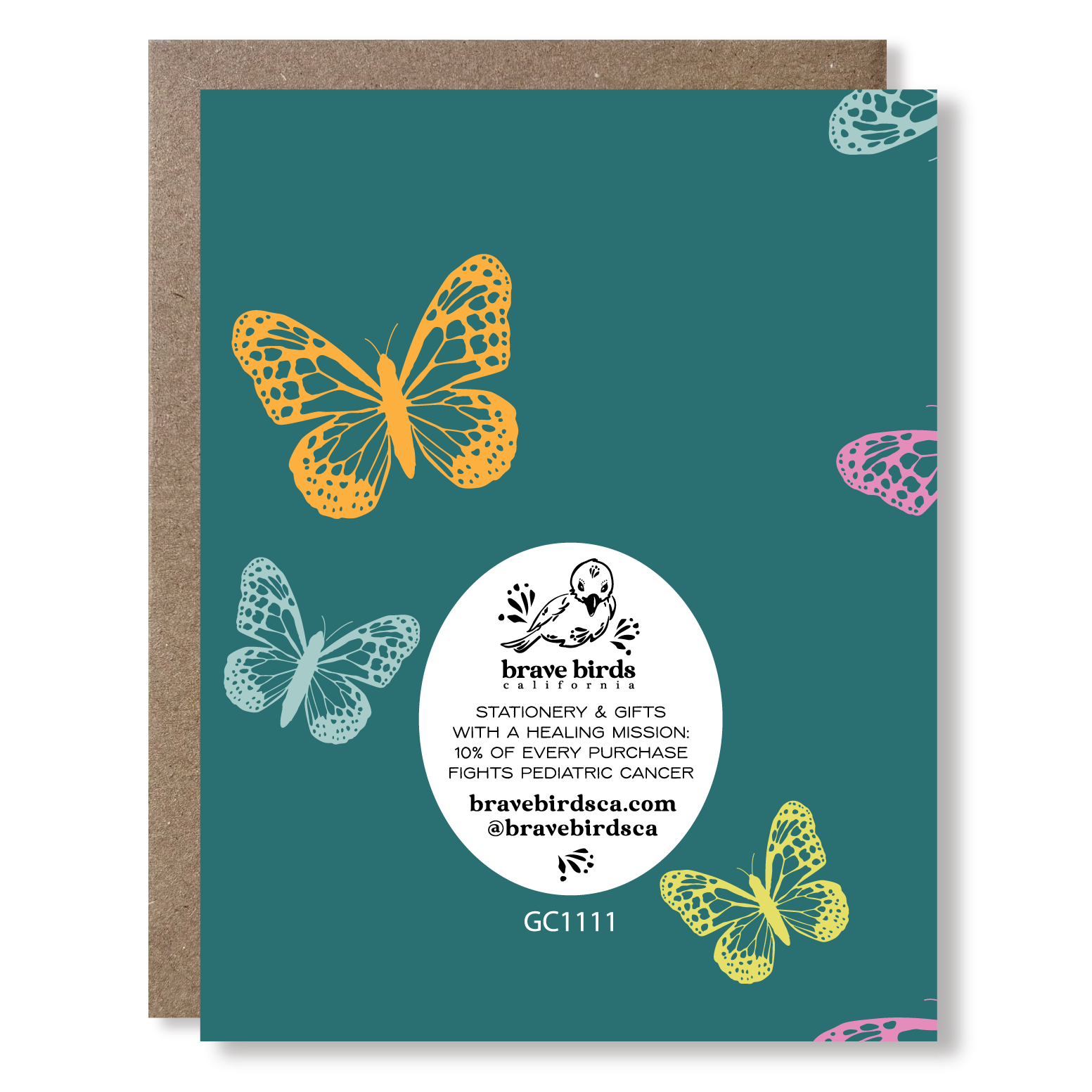 Back of greeting card with continued design and brand information