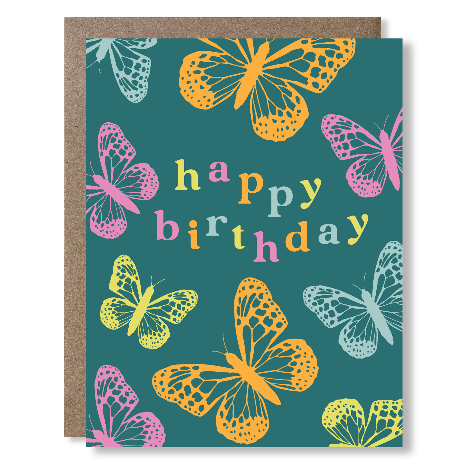 Greeting card with colorful butterfly design and 'happy birthday' text on a teal background