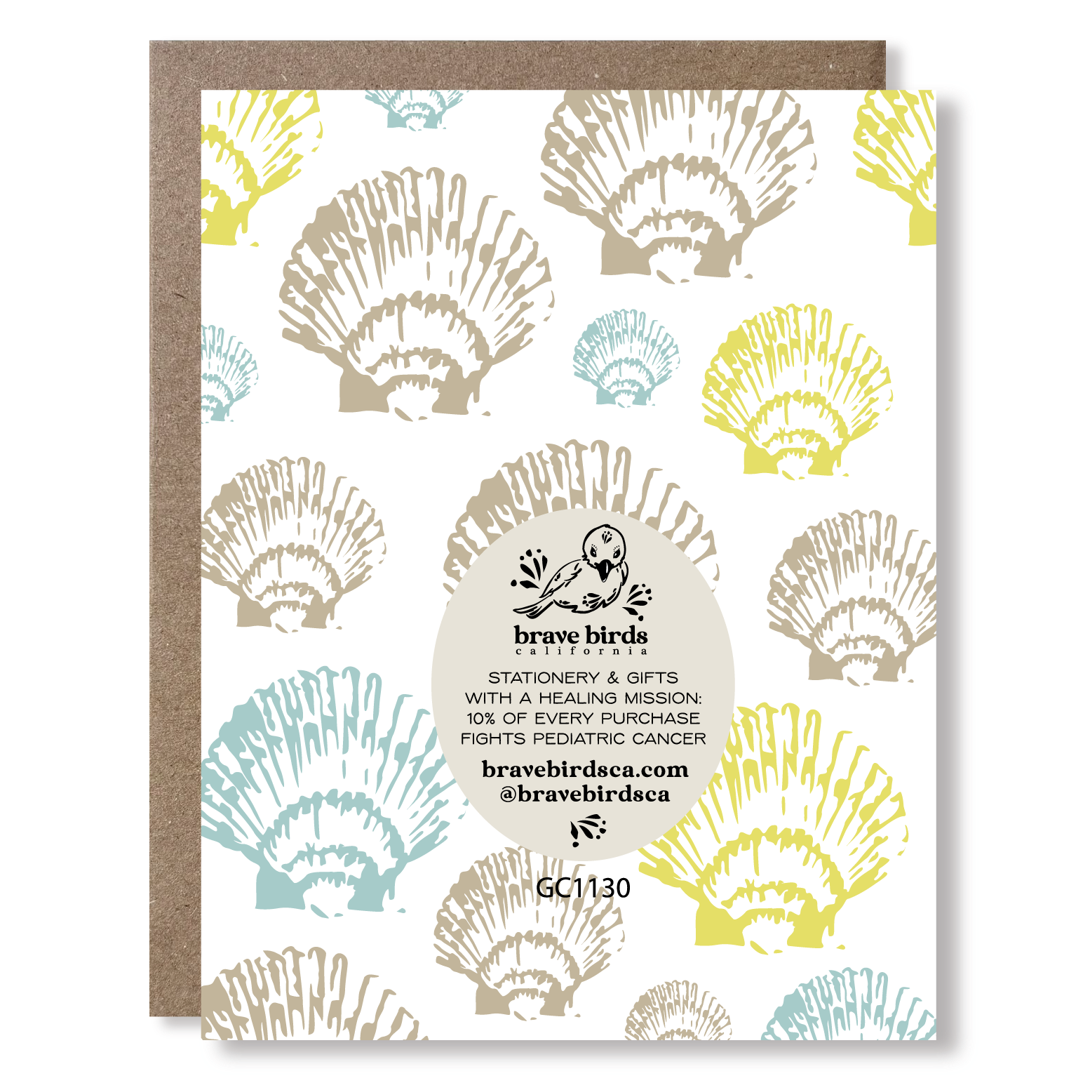 Back of greeting card with continued pattern and brand information