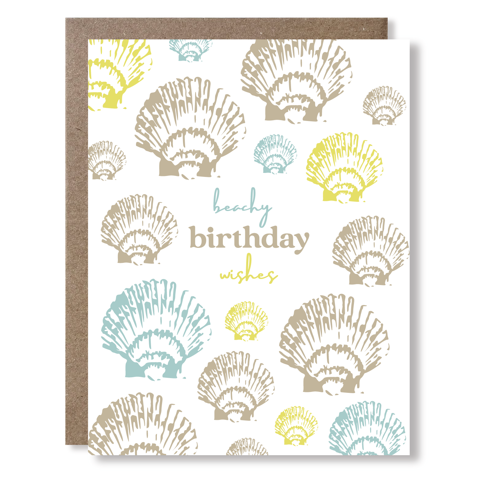 Greeting card with shell pattern and 'beachy birthday wishes' text on a white background