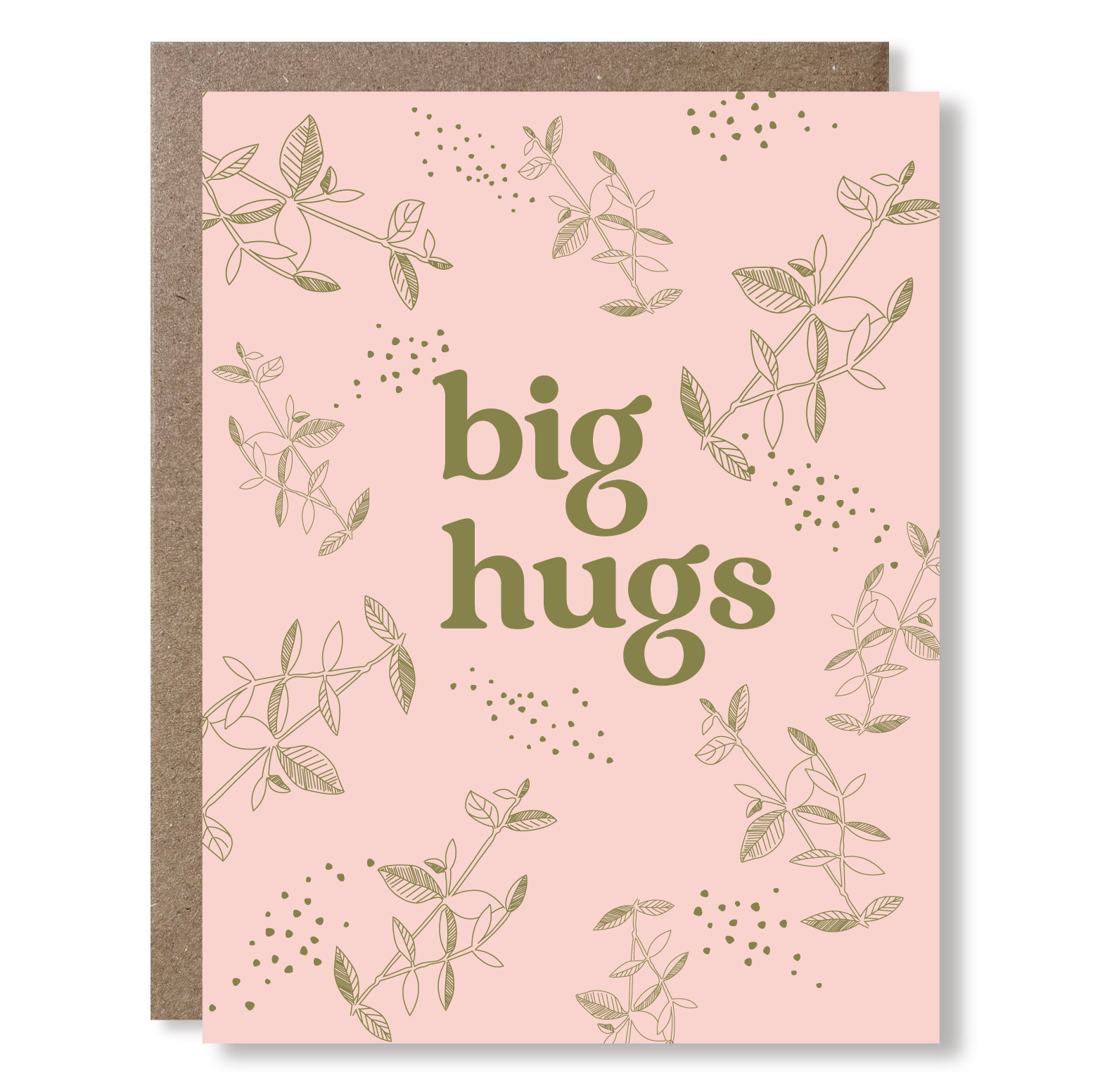Card with 'big hugs' text on a pink background with leaf patterns