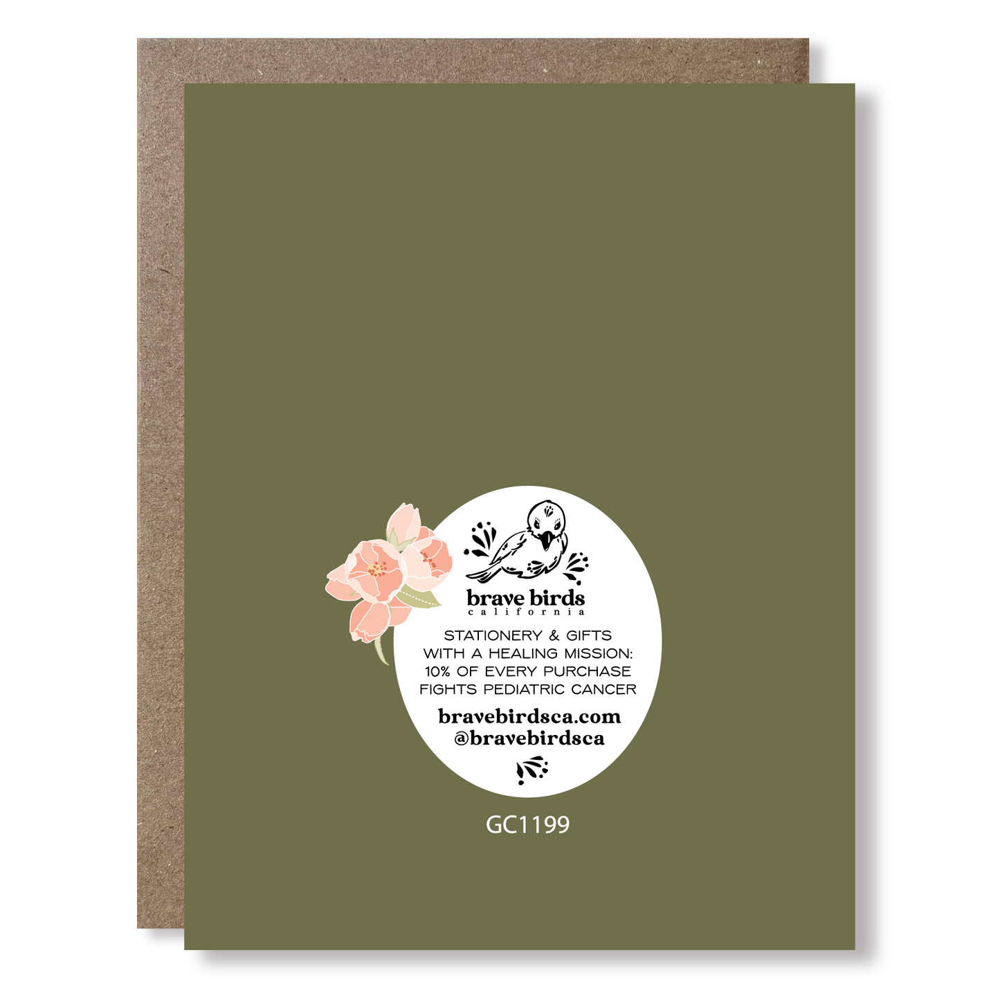 Green card with a white label featuring branding and contact information on a white background