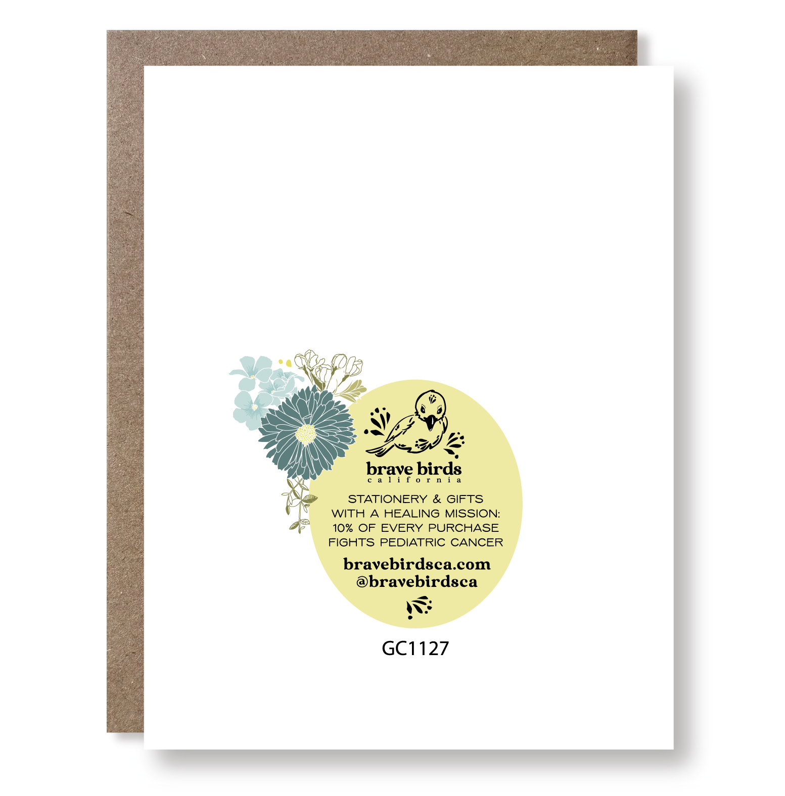 Back of greeting card with continued design and brand information