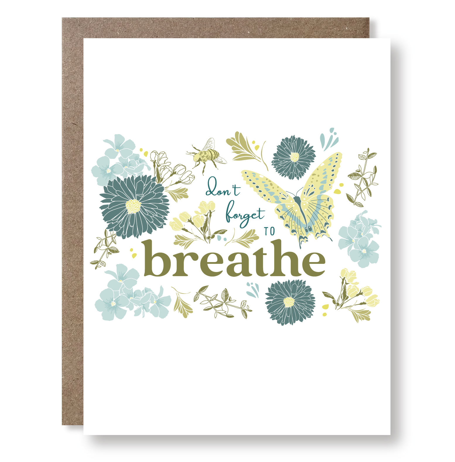 Greeting card with butterfly and floral design and 'Don't forget to breathe' text.