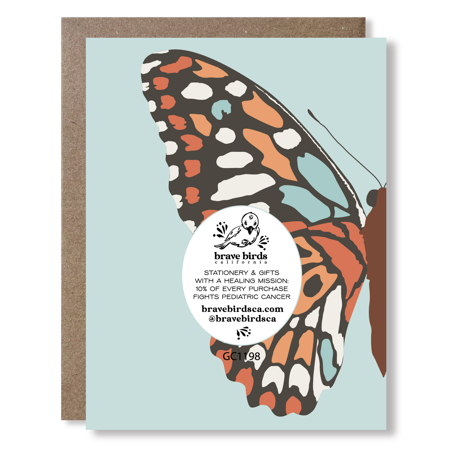 Back view of a greeting card with a large half butterfly illustration, showing Brave Birds California logo and the text "stationery & gifts with a healing mission: 10% of every purchase fights pediatric cancer."