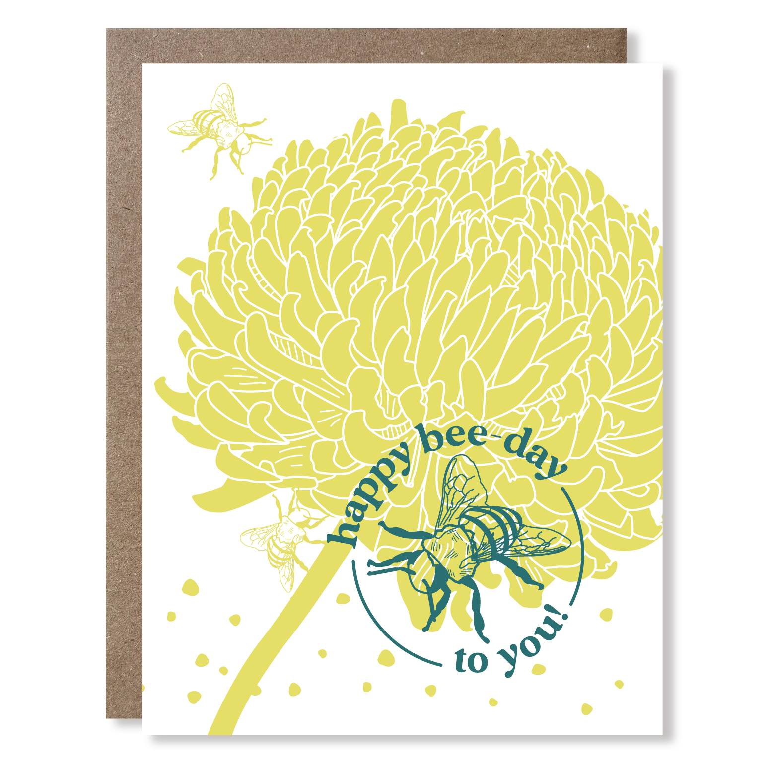 Greeting card with yellow flower and bee design, featuring 'Happy bee day to you!' text.