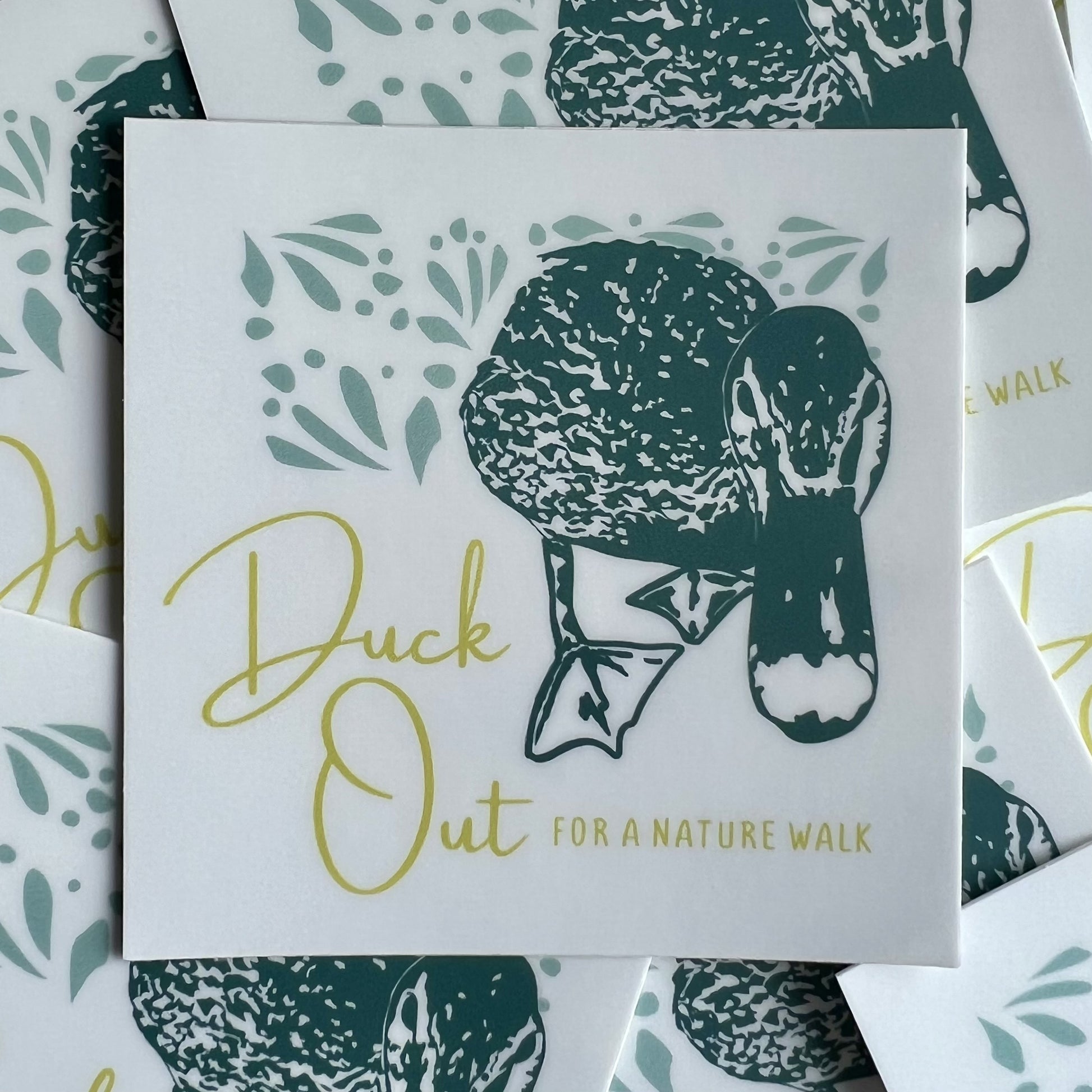 White background with a teal duck illustration and text reading "Duck out for a nature walk."