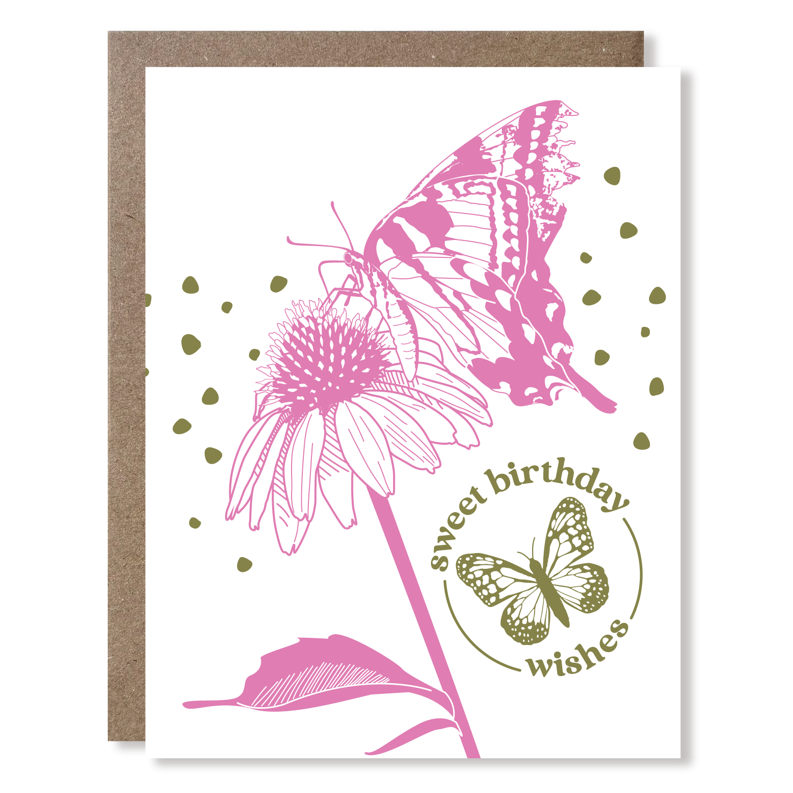 Greeting card with pink butterfly and flower design on a white background