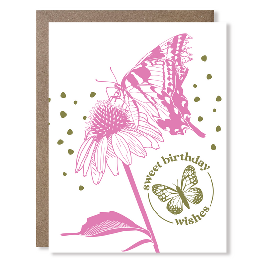 Greeting card with pink butterfly and flower design on a white background
