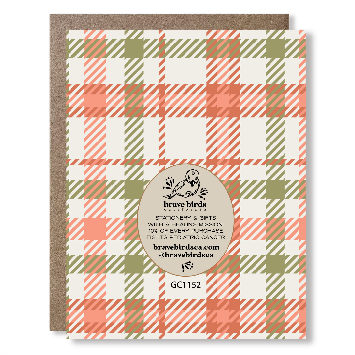 Back view of a greeting card with plaid print, a brand logo and text reading 'stationery & gifts with a healing mission: 10% of every purchase fights pediatric cancer'