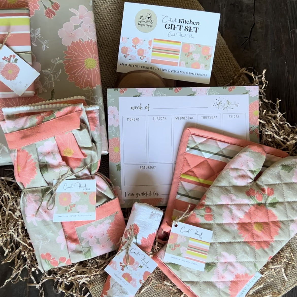 Collection of kithen textiles in matching pink floral print