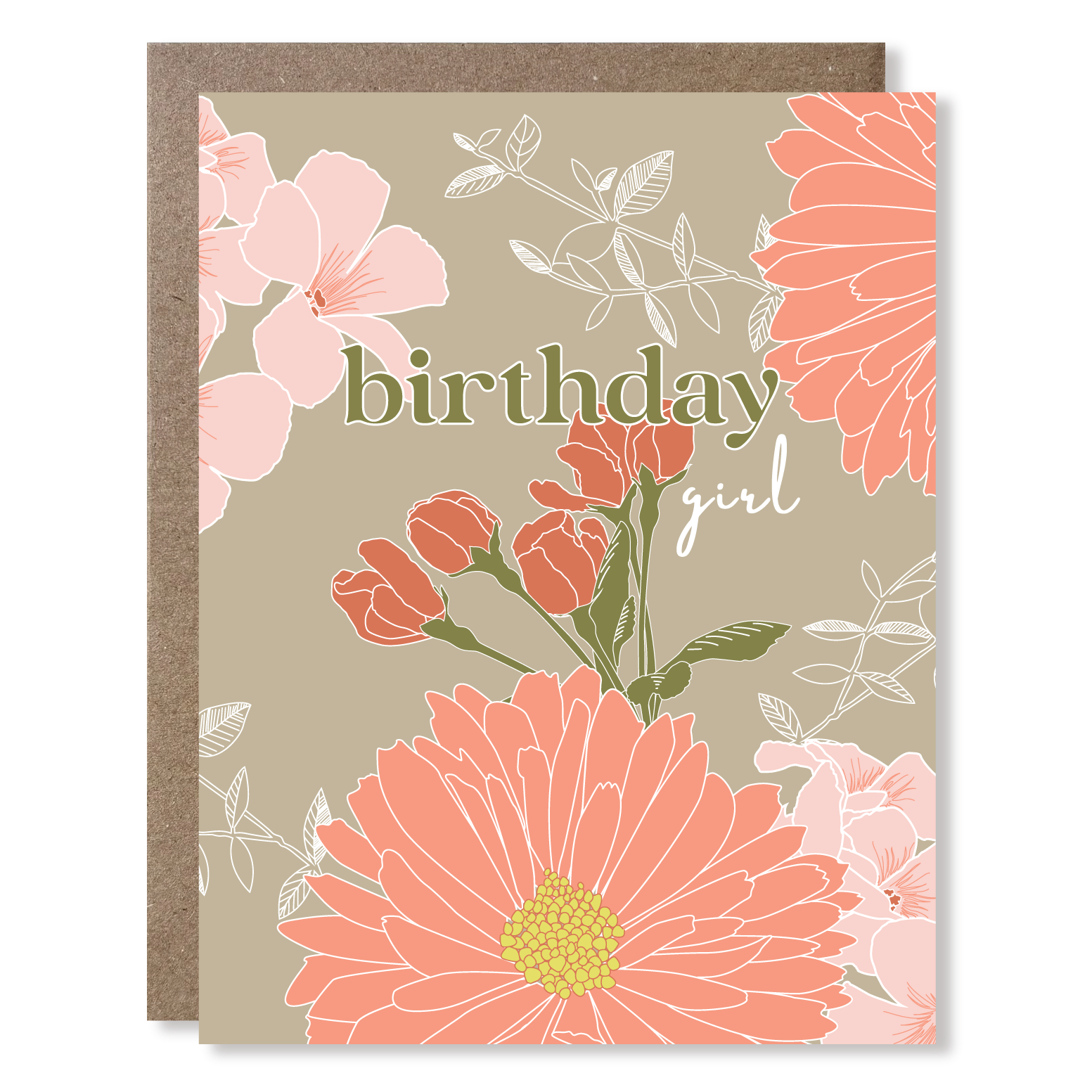 Floral birthday card with 'birthday girl' text on a beige background