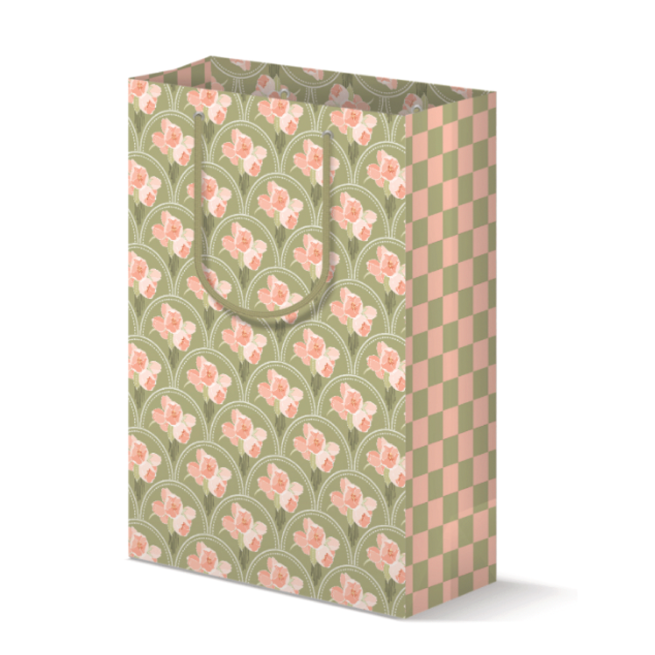 Gift bag with pink and green floral and check pattern