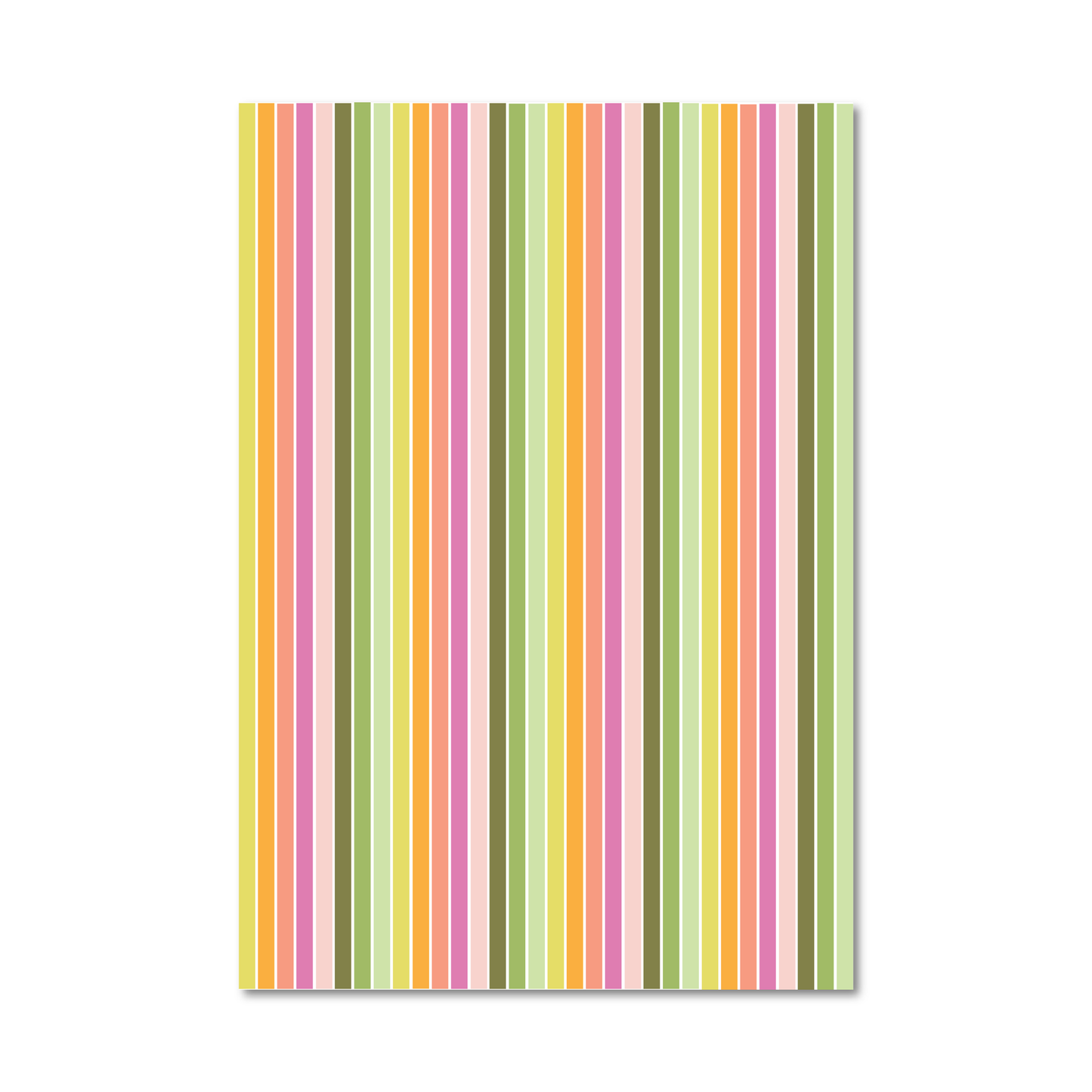 Gift wrap sheet with narrow vertical stripes in pastel yellow, pink, peach, orange, olive green, sage green, and cream, shown on a plain white background.