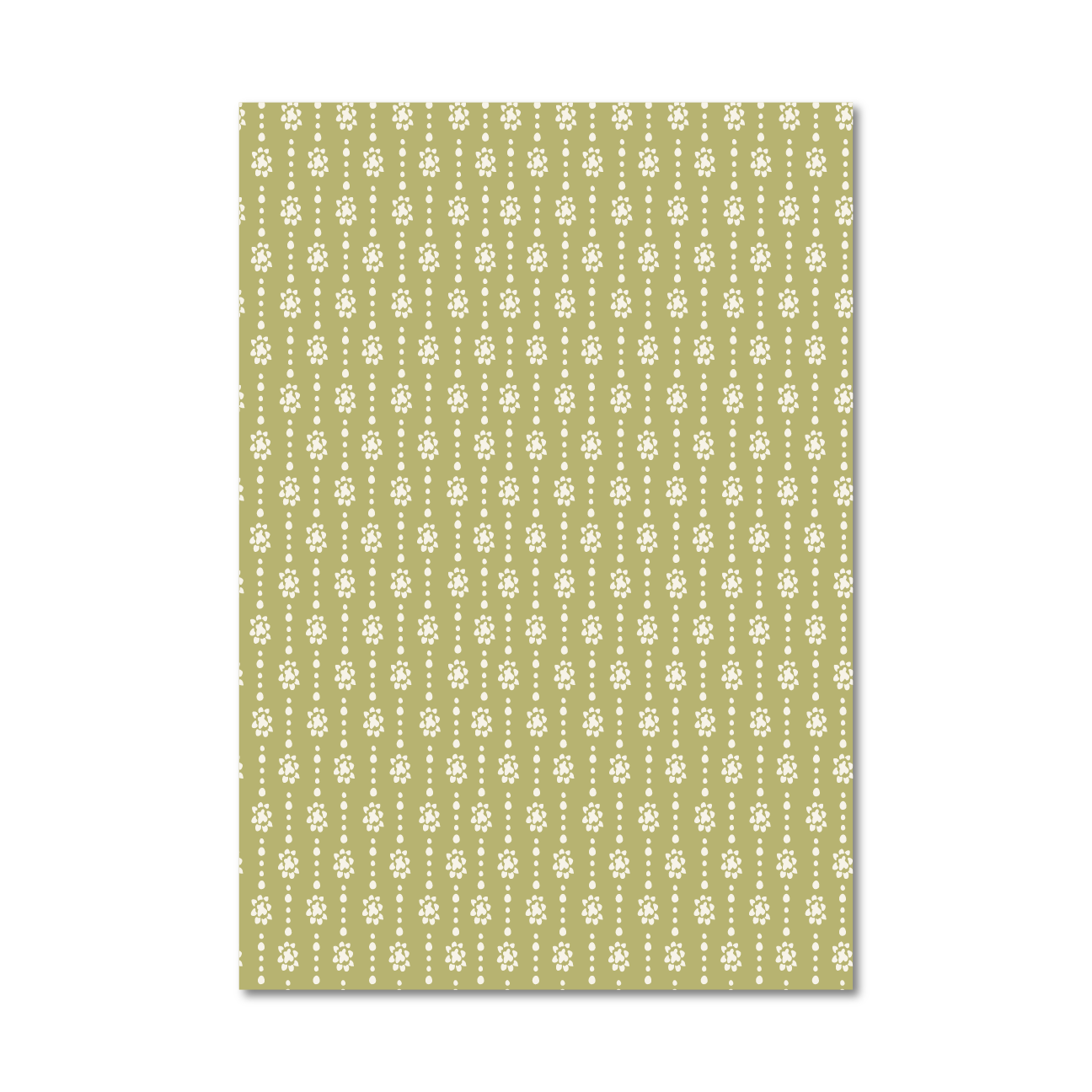 Patterned gift wrap sheet with a green background and organic shaped cream dots in a flower and stripe design