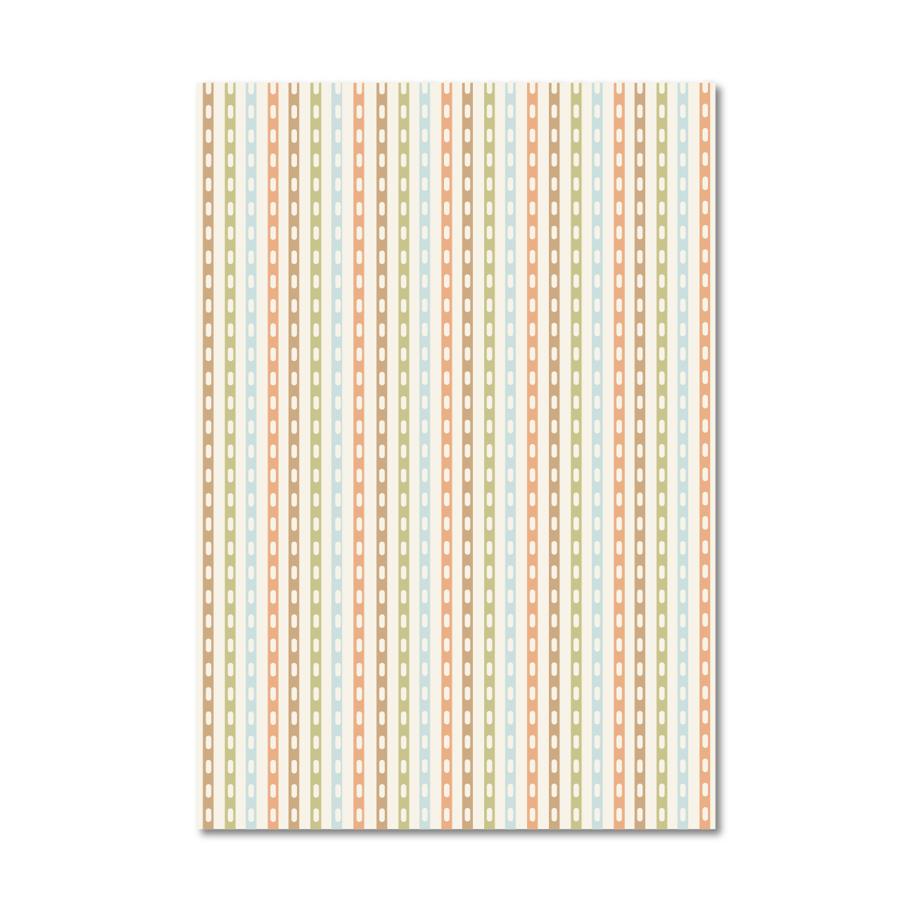 Patterned gift wrap sheet with a vertical stripe design in shades of blue, green, tan and peach