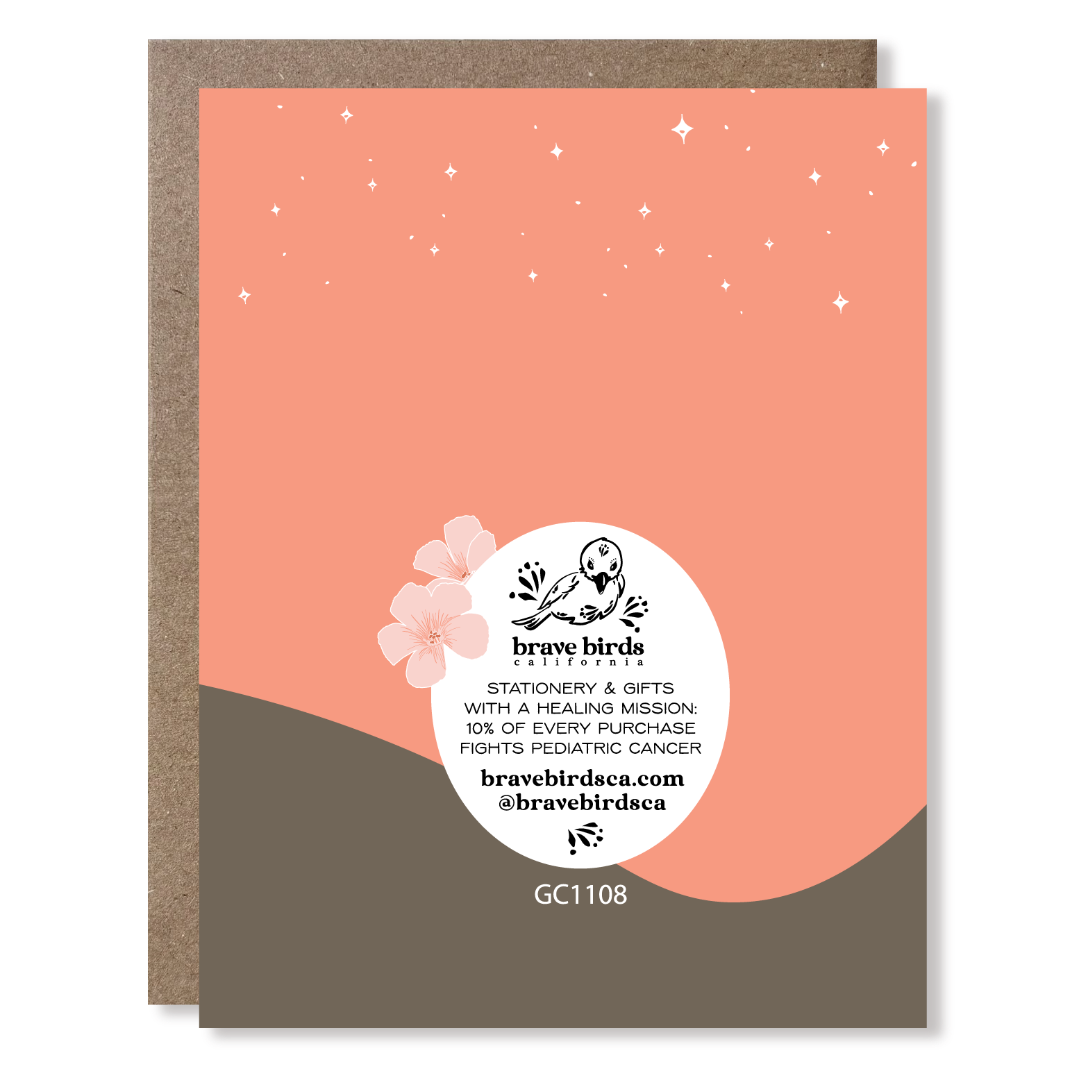 Back of greeting card with continued print and brand information