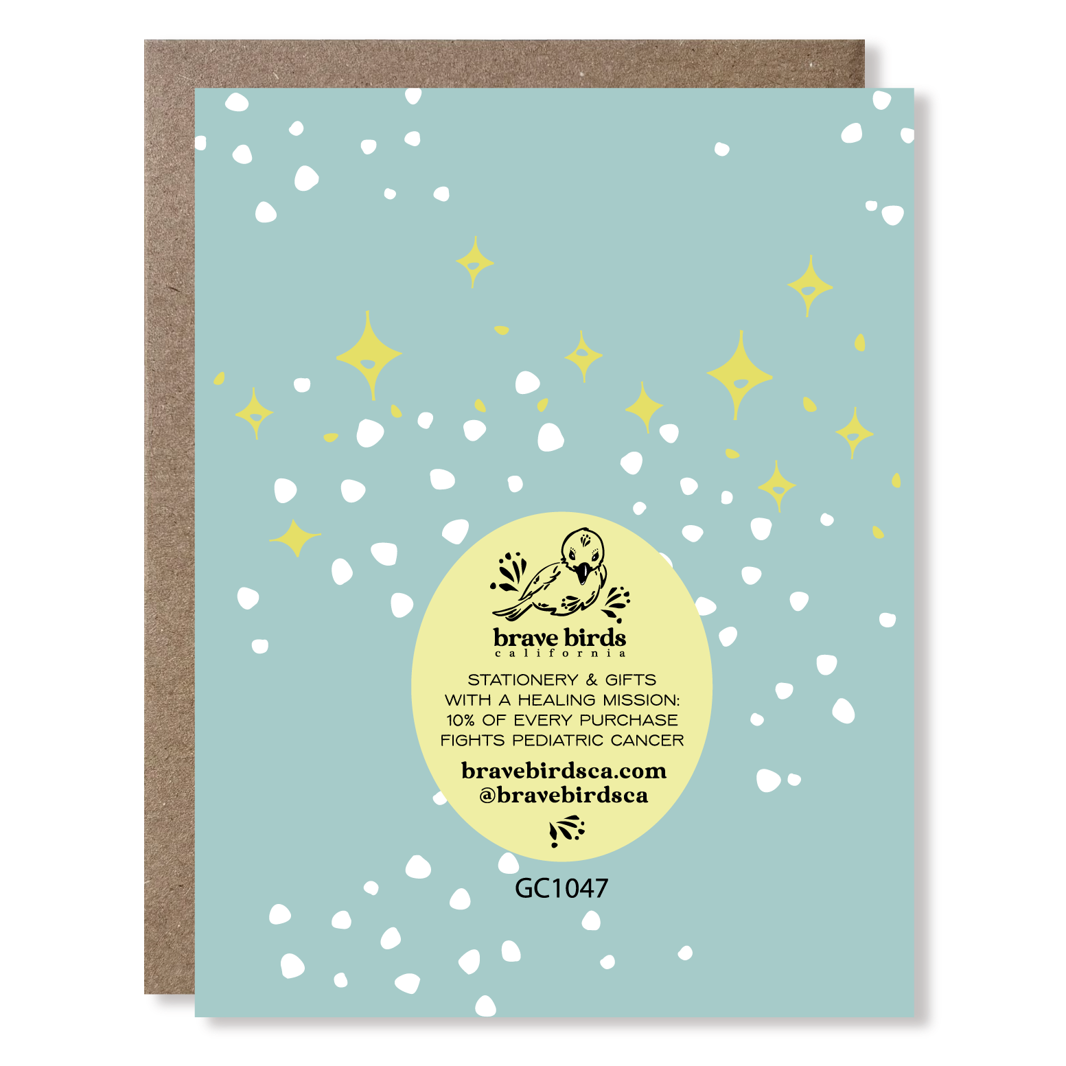 Greeting card back with continued design and brand information