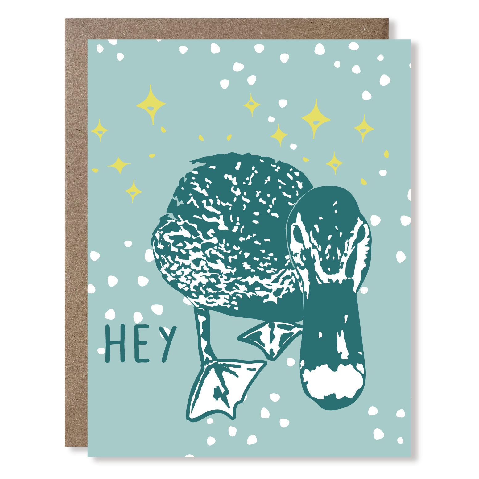 Card with a duck illustration and 'HEY' text on a light blue background with stars.