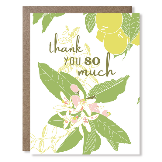 Greeting card with lemon tree floral design and 'thank you so much' text