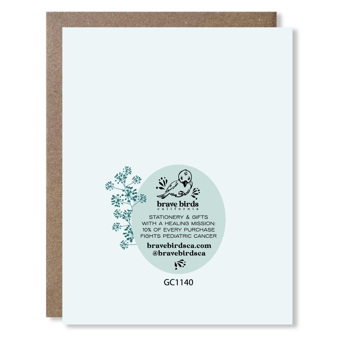 Greeting card back with continued design and brand information