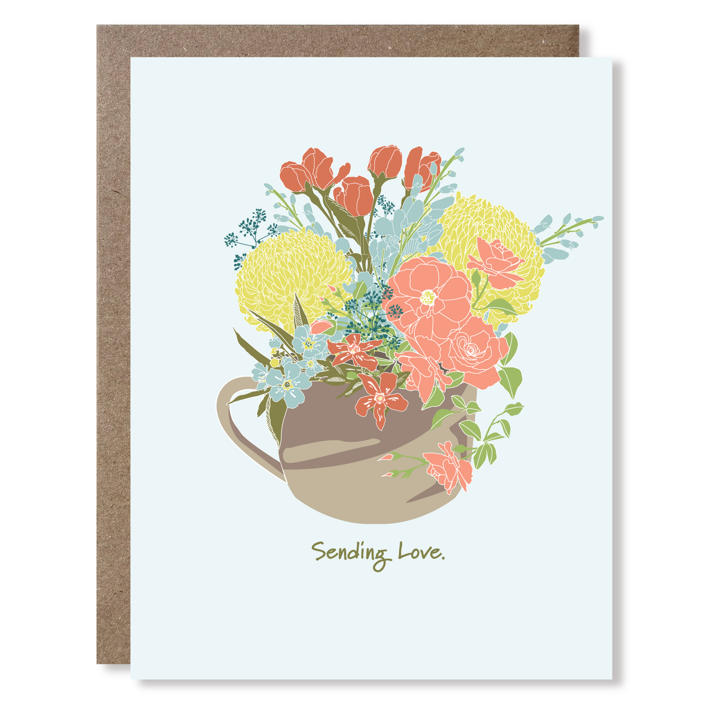 Greeting card with floral design and 'Sending Love' text on a pale blue background