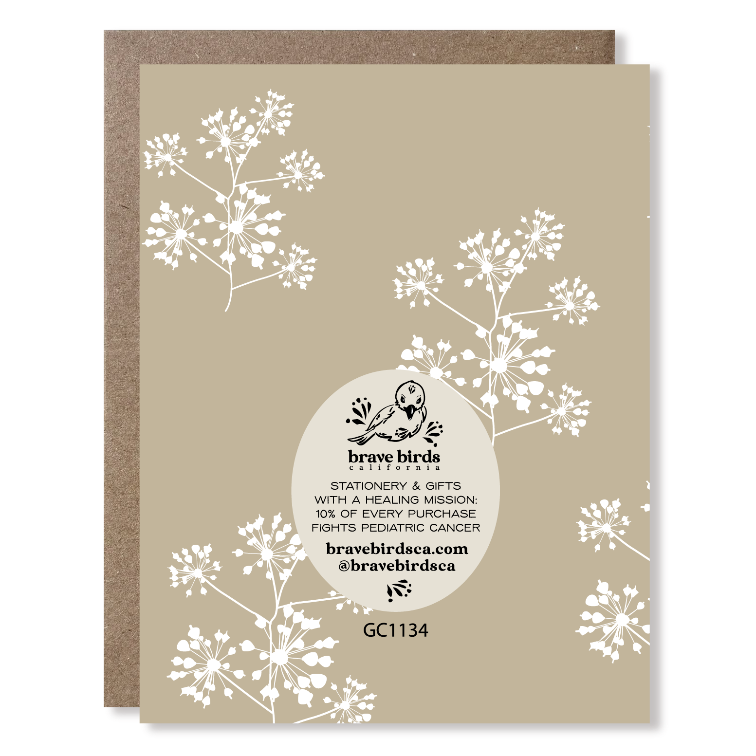 Back of greeting card with continued print and brand information