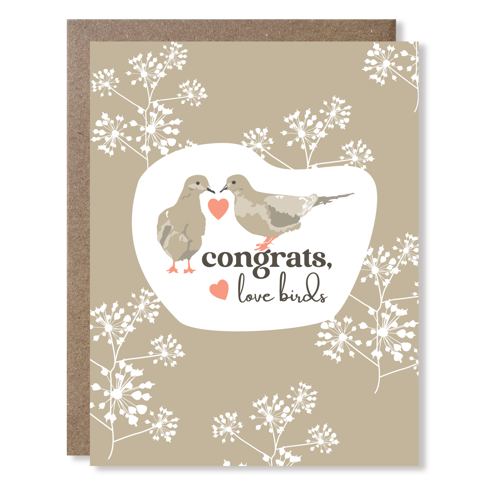 Card with two birds holding a heart and the text 'Congrats, love birds' on a beige background with white floral patterns.