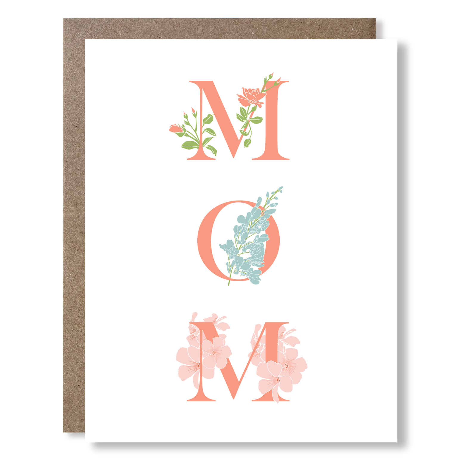 Greeting card with floral letters spelling 'MOM' on a white background