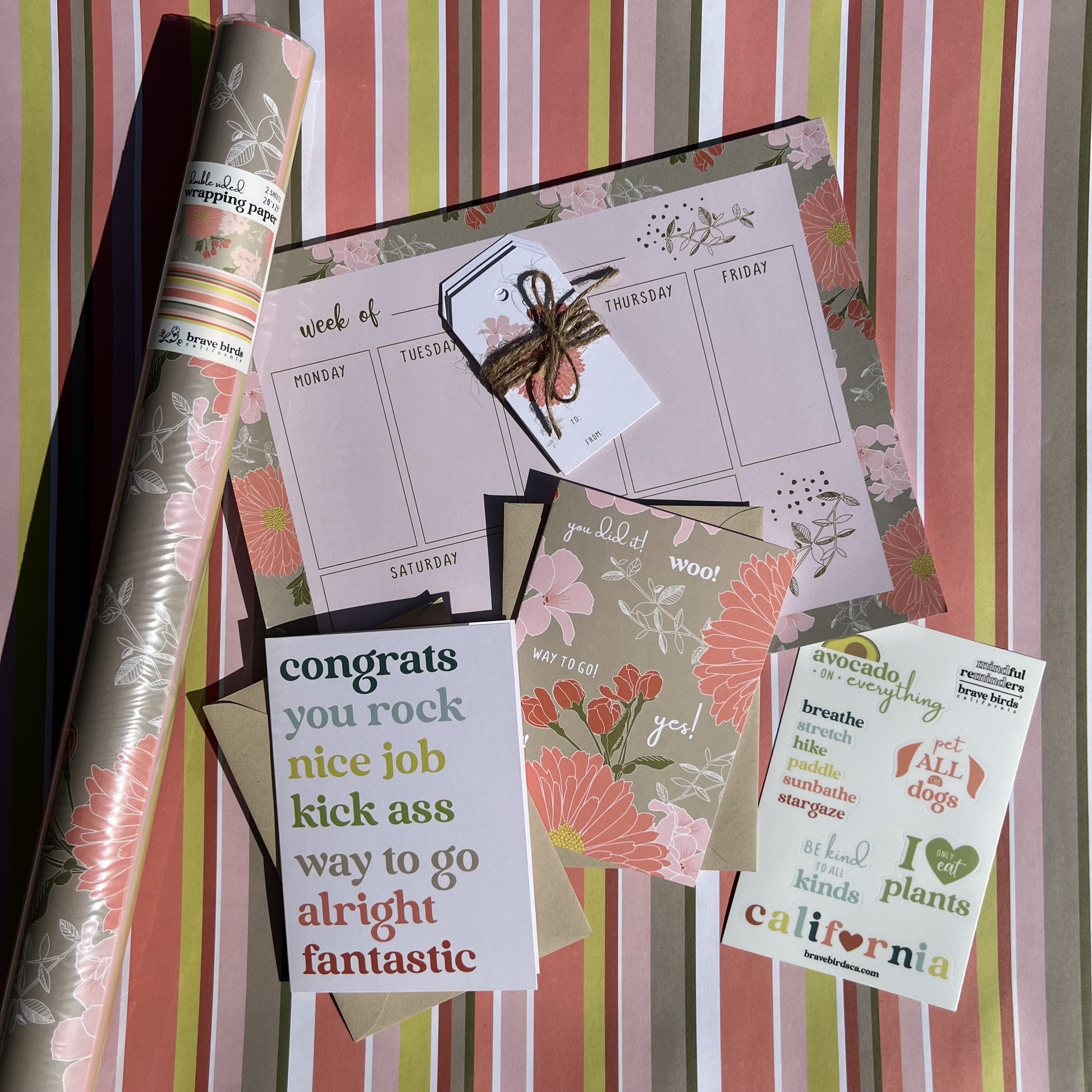 Assortment of stationery in pinks, citron and khaki