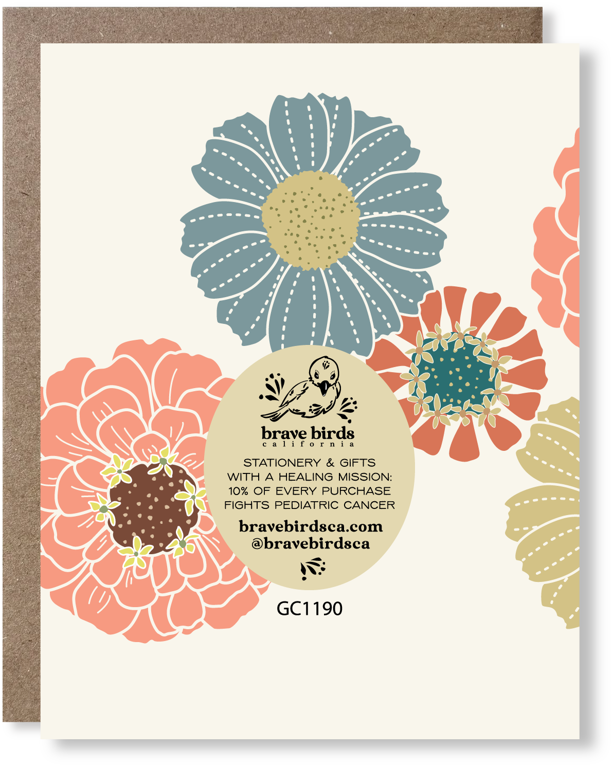 Back view of a floral printed greeting card with brand logo for Brave Birds California and text reading "stationery & gifts with a healing mission. 10% of every purchase fights pediatric cancer."