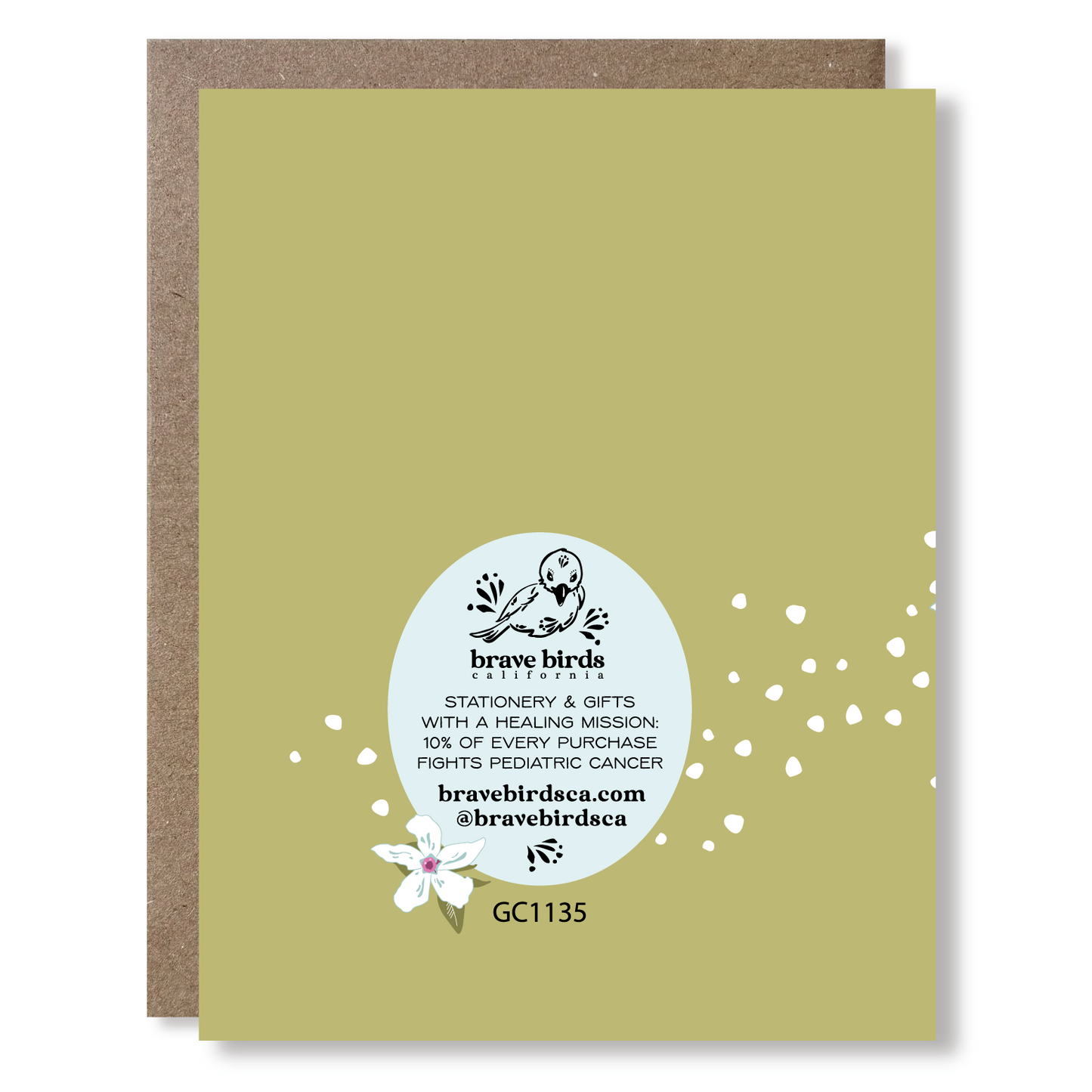 Back side of greeting card with continued print and brand information