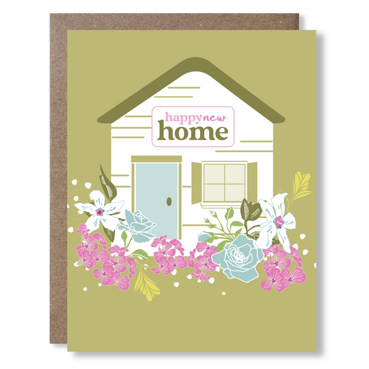 Greeting card with a house illustration and 'happy new home' text on a green background