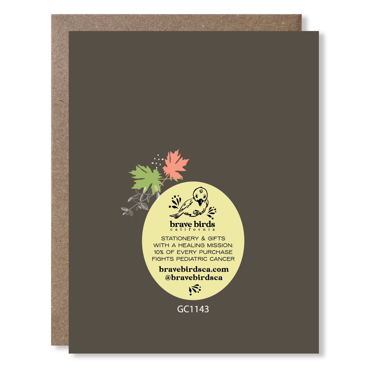 Back side of greeting card with continued print and brand information