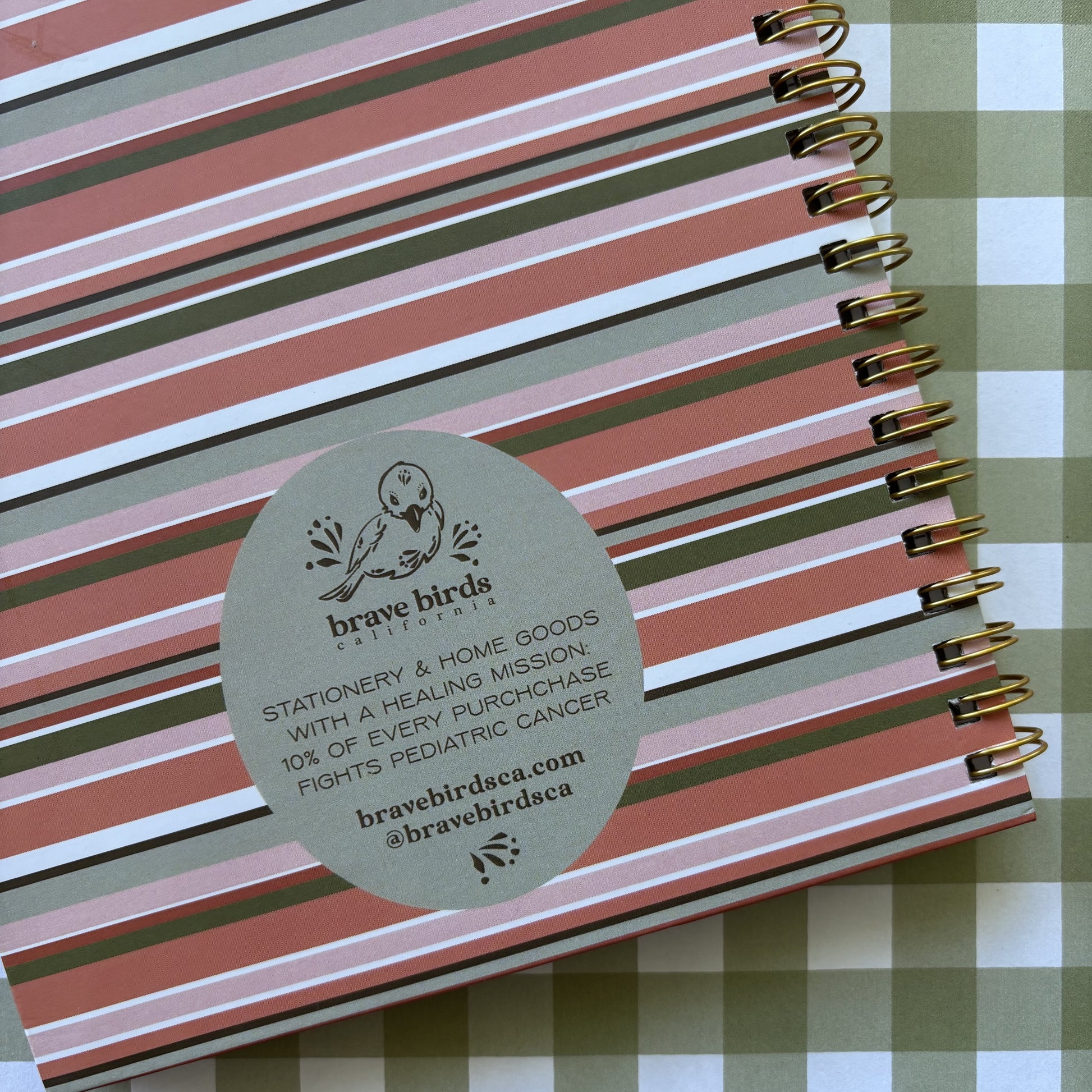back of pink and green stripe spiral notebook on green and white plaid background