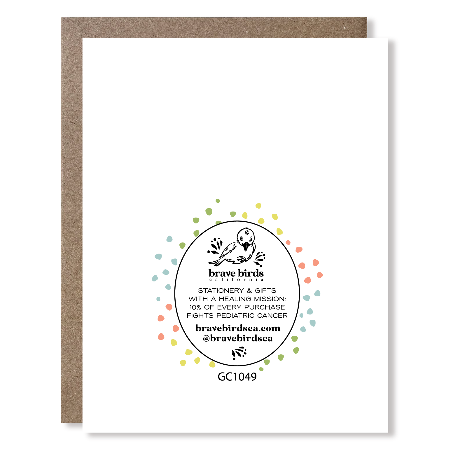 Back of greeting card with continued print and brand information