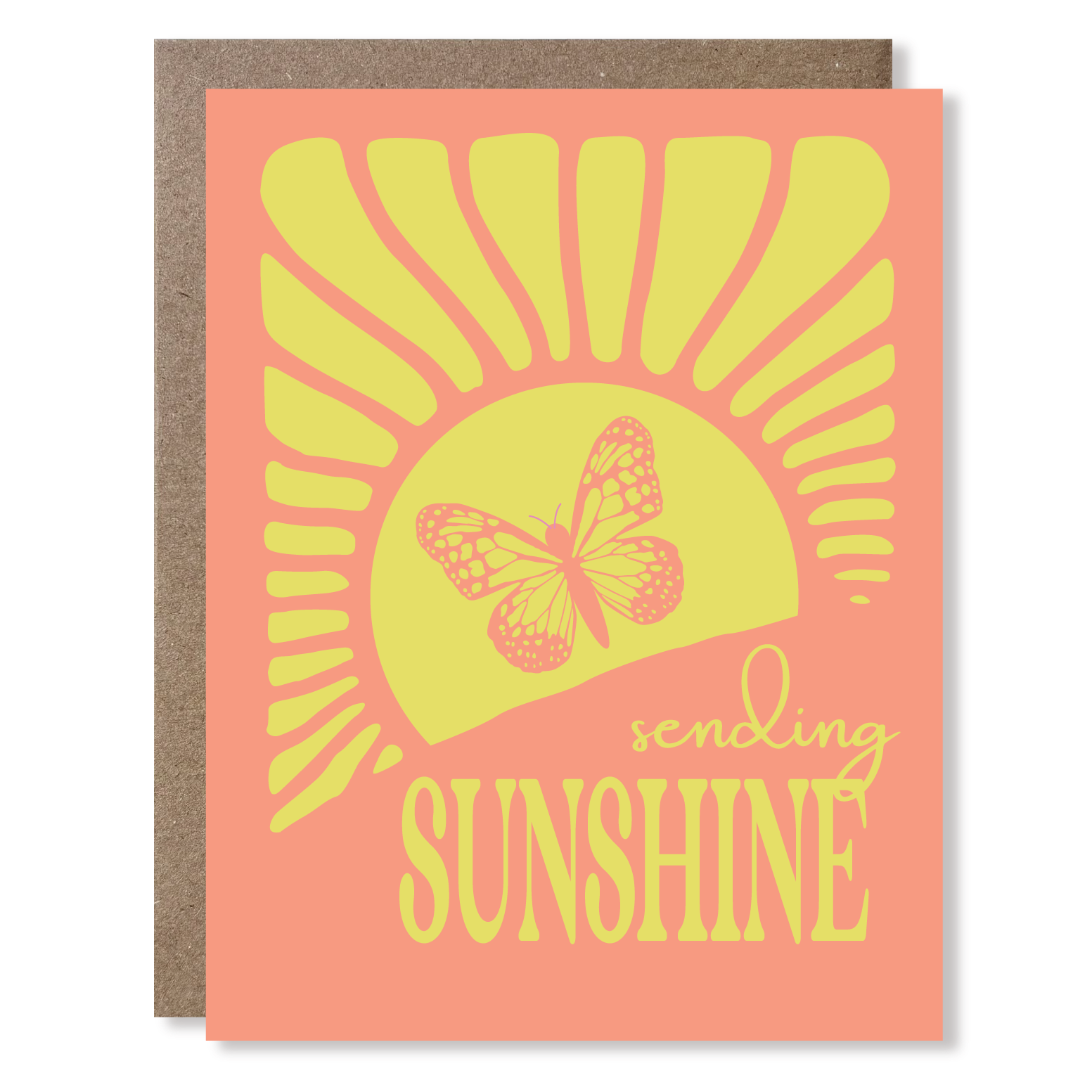 Card with a sun and butterfly design and 'sending sunshine' text on a pink background