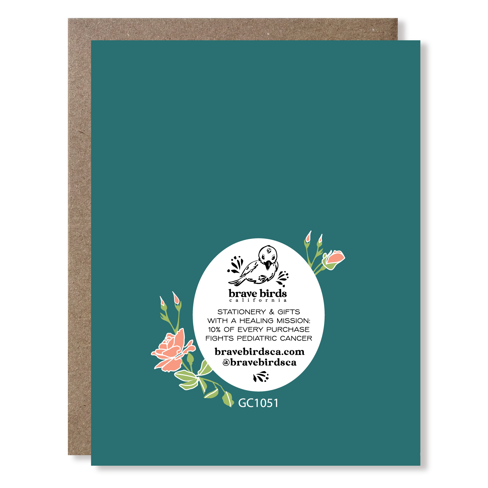 Greeting card back with continued design and brand information