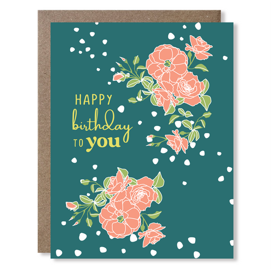 Greeting card with floral design and 'Happy Birthday to you' text on a teal background
