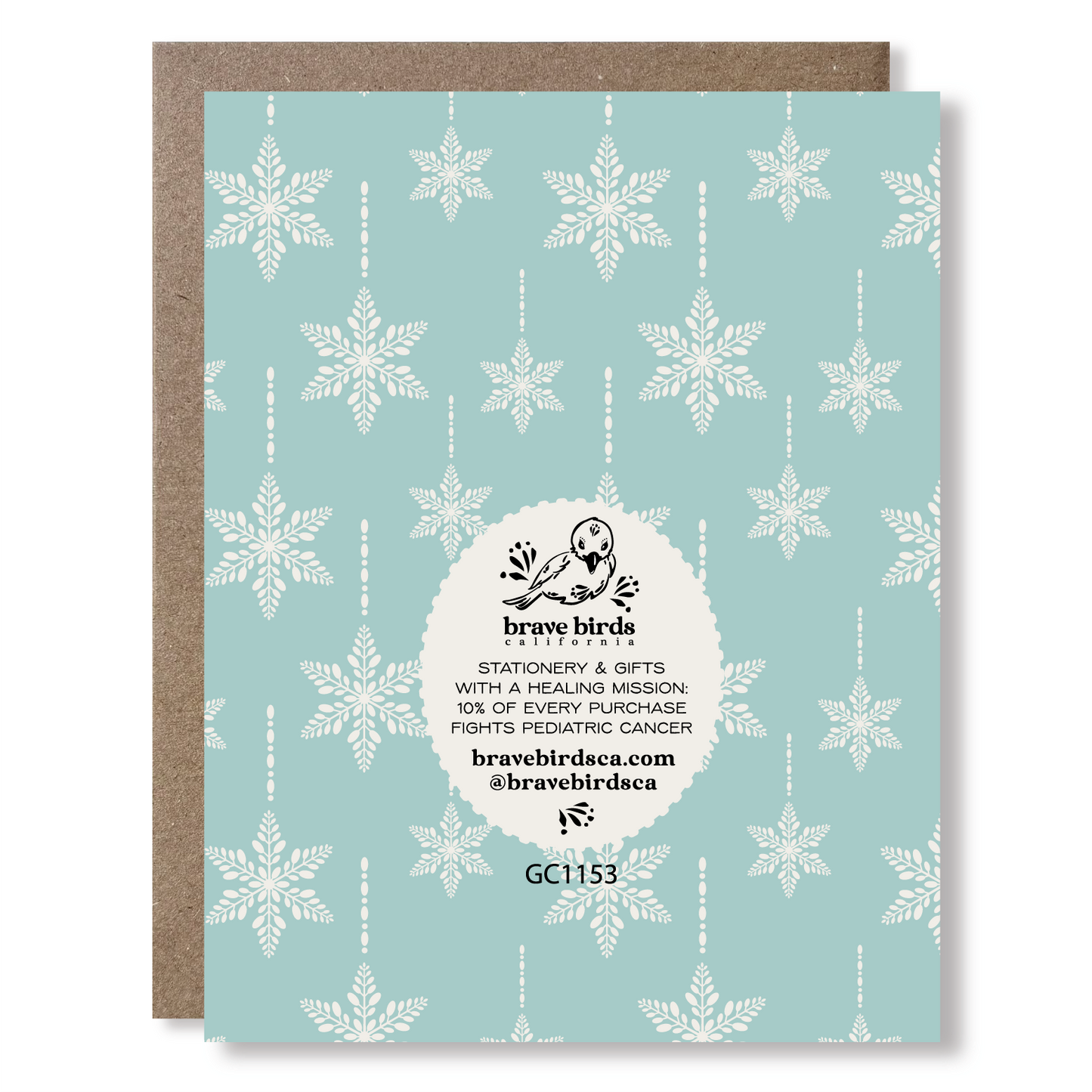 Greeting card back view with snowflake pattern and brand logo with text that reads 'stationery & gifts with a healing mission: 10% of every purchase fights pediatric cancer