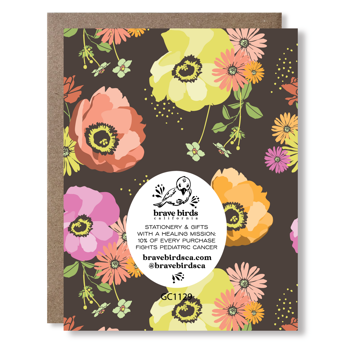 Back side of greeting card with floral print and brand information