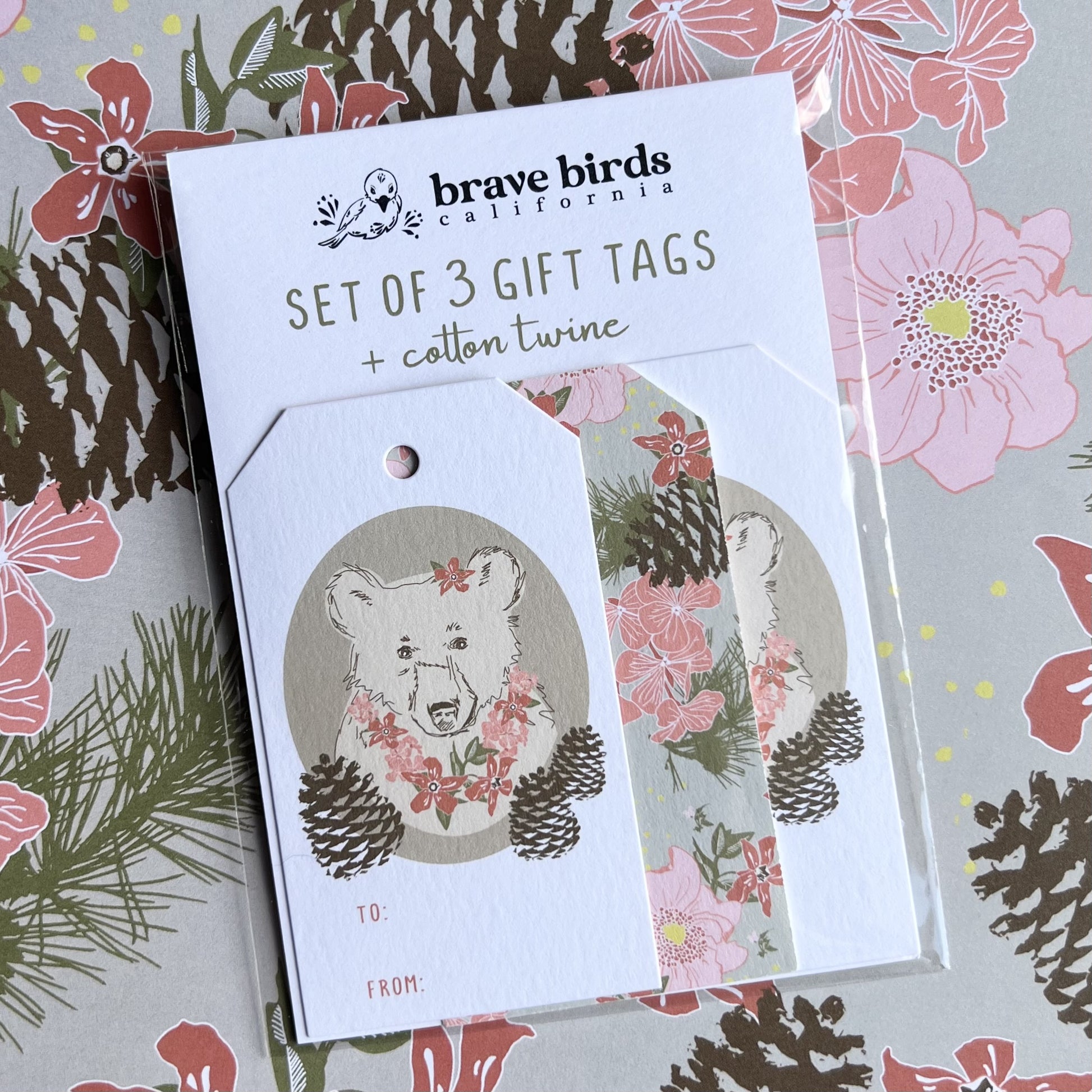 Packaged 3-pack of bear floral gift tags, with a card backing and clear envelope - text reads "set of 3 gift tags + cotton twine"