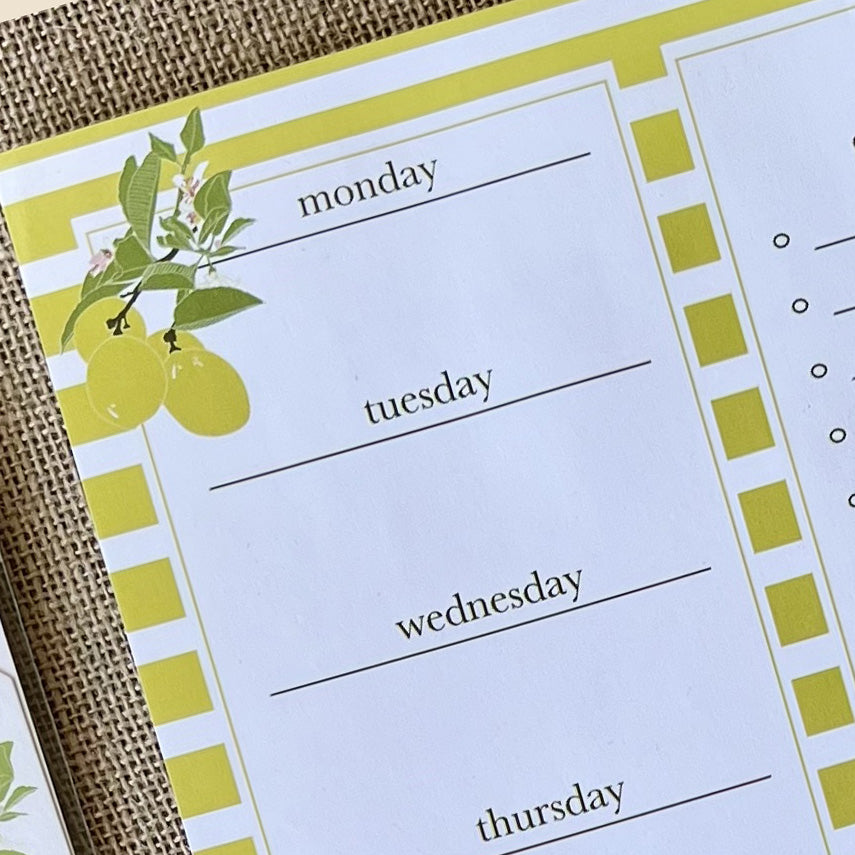 Closeup view of the meal planner with detail of monday through wednesday and a lemon illustration