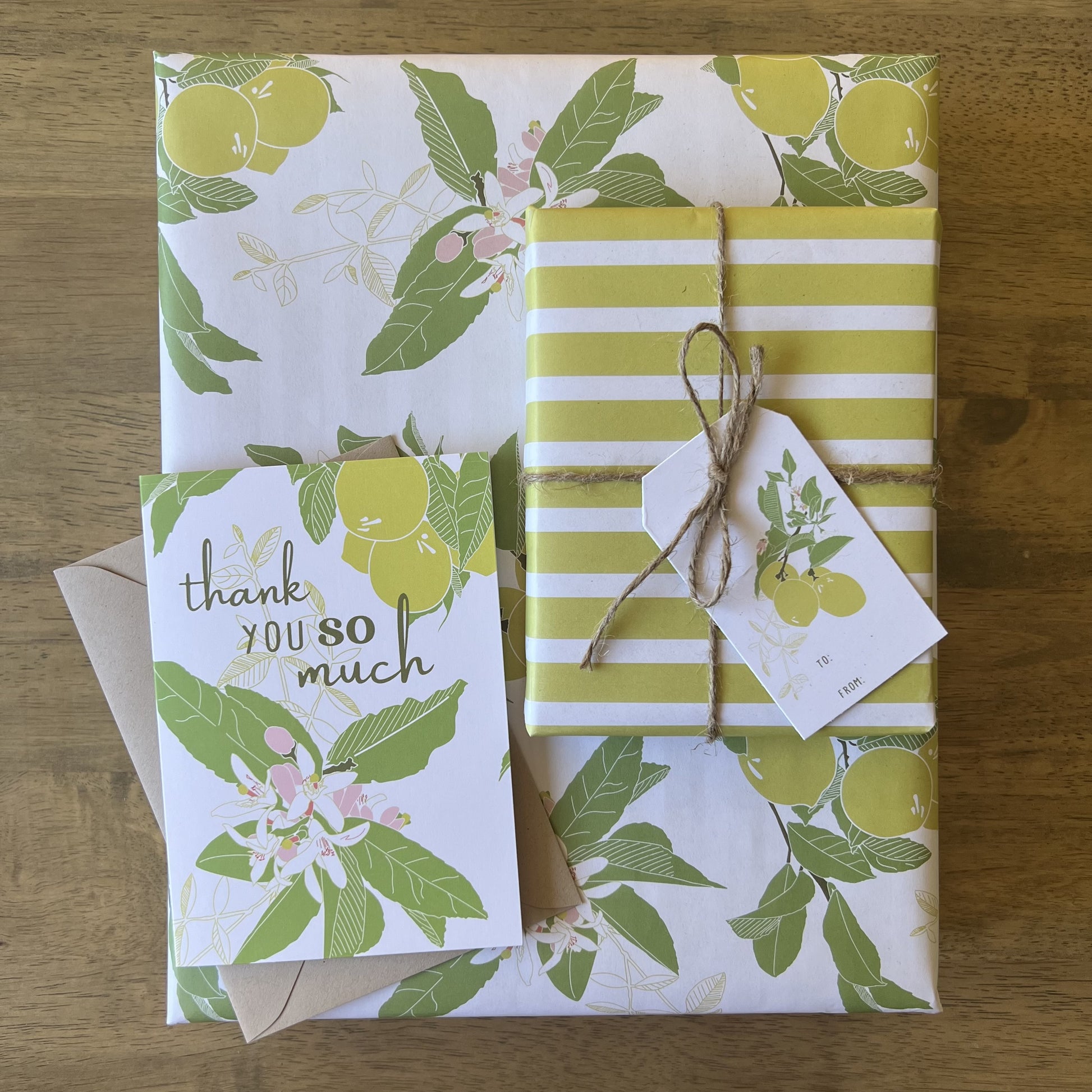 matching gift wrap and stationery in lemon tree illustrated print