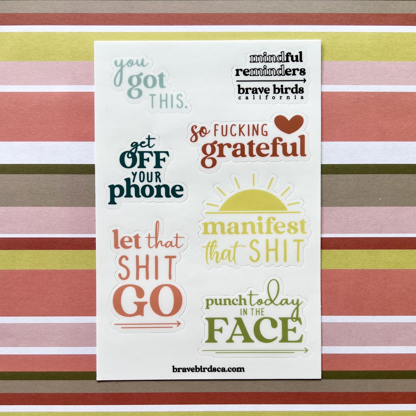 Sweary version of sticker sheet, featuring phrases like "so fucking grateful" and "manifest that shit"