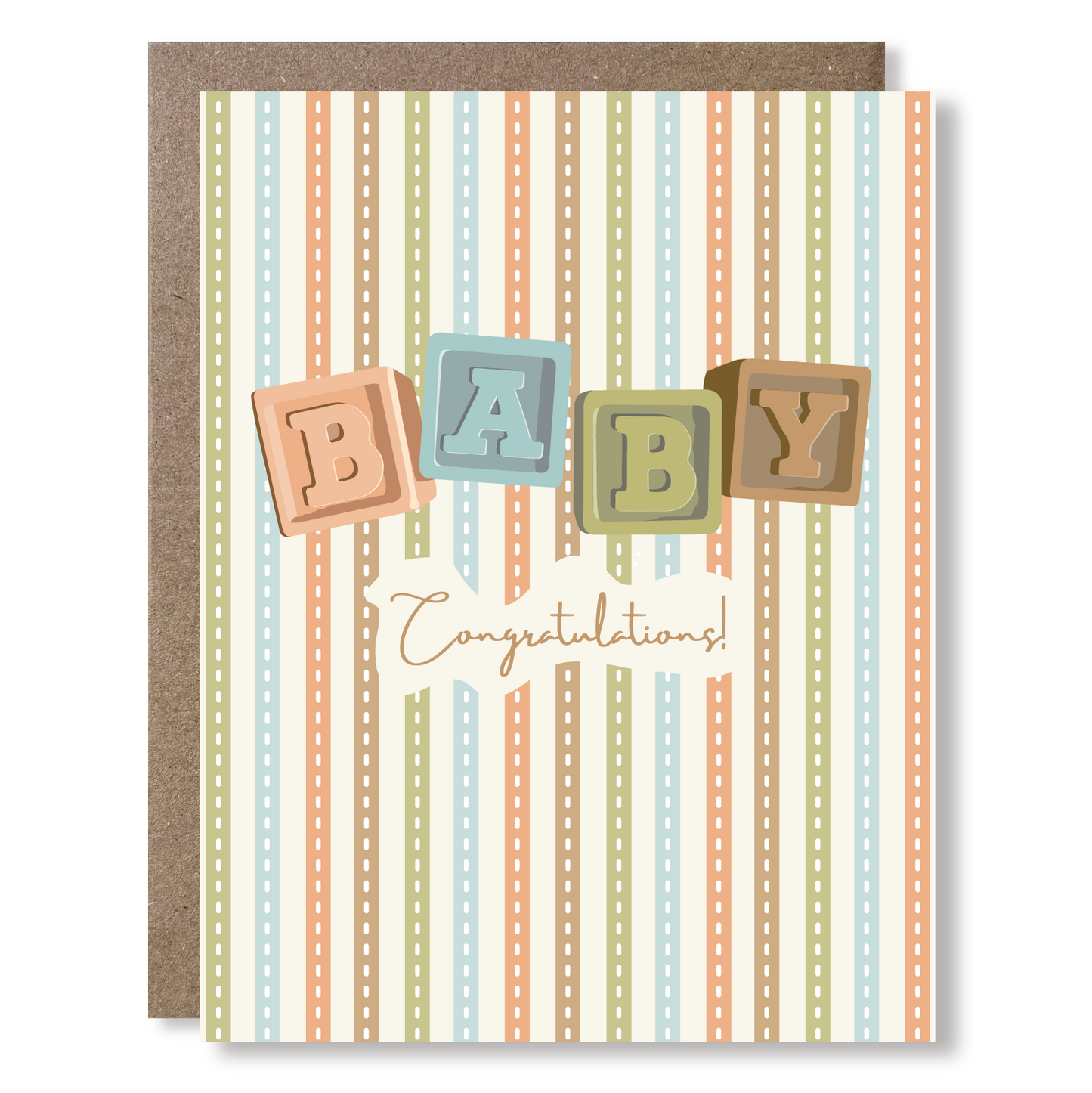 Greeting card with an illustration of baby blocks spelling out B-A-B-Y in a neutral palette of orange, green, tan & baby blue with stripes and the word "Congratulations!" in script text.
