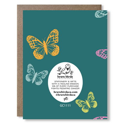Back of greeting card with continued design and brand information