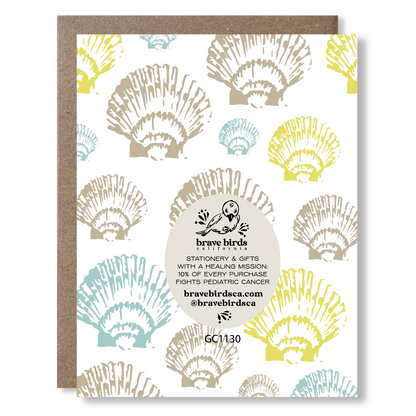 Back of greeting card with continued pattern and brand information
